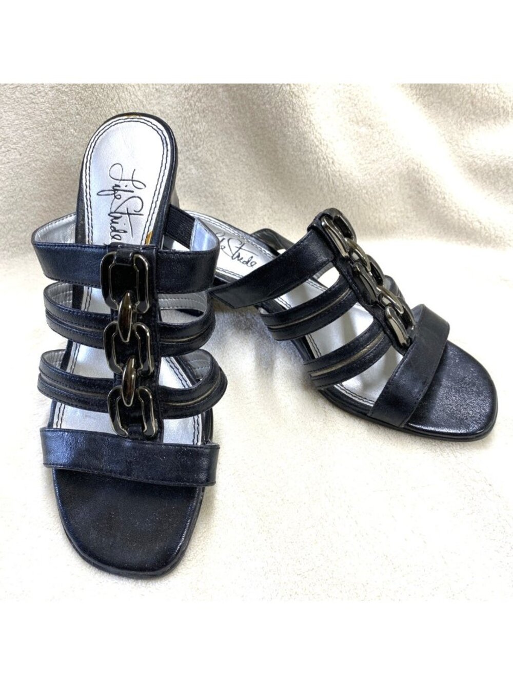 Life Stride STAND UP Black Open Toe Mule Sandal Slip-On Straps Lined Sz 5.5M #ye